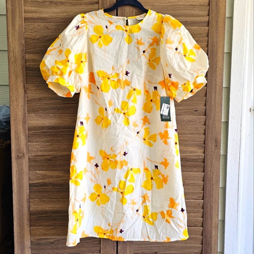 NWT 70's summer cocktail dress puffy sleeves white yellow orange flowers size S